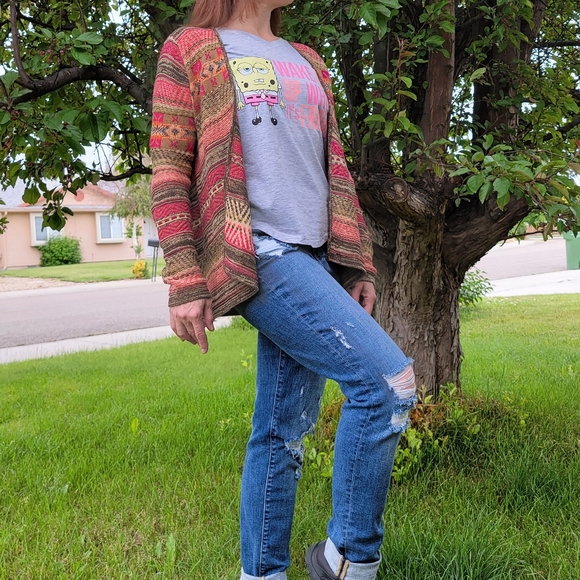 Women Linen Boho Cotton open front  Multicolor Striped Cardigan Sweater | size M - Picture 7 of 16